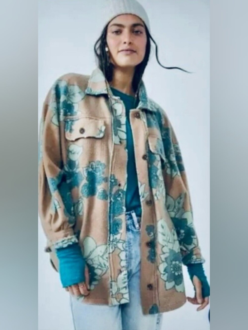 Free People Oversized Ruby Jacket Shacket Floral Print in Tan Combo /Tan Teal